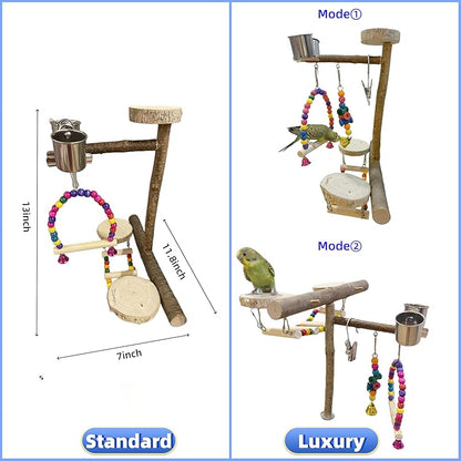 Natural Wood Bird Perch Playground for Outside the Cage Wall, Bird Platform and Play Area for Small to Medium Parrots like Cockatiels, Conures, Parrotlets, Lovebirds, and Budgies, Bird Cage Accessory