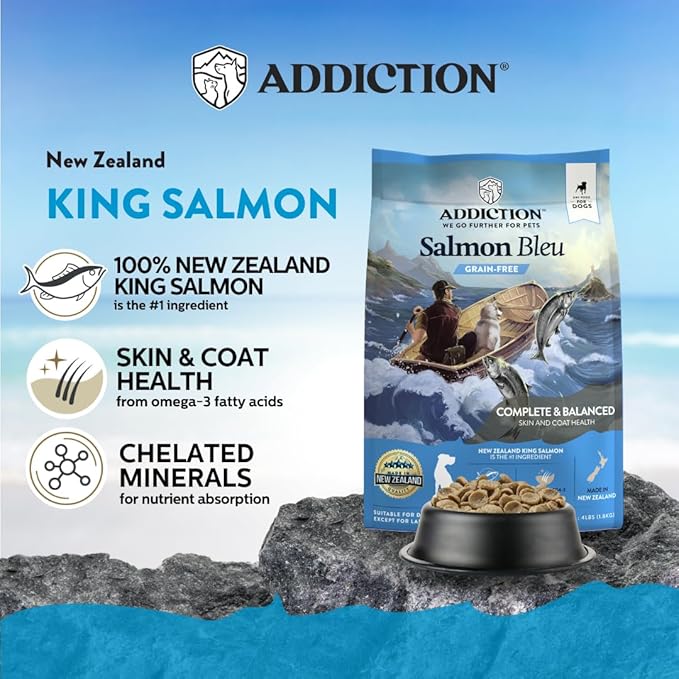 Addiction Salmon Bleu Grain-Free Dry Dog Food Formula - New Zealand King Salmon, Probiotic-Rich Fruits & Vegetables, Fish Oil for Healthy Skin & Coat, Ideal for Dogs of All Life Stages 4lb
