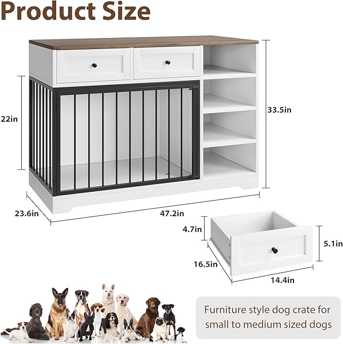 Dog Crate Furniture 47, Large Dog Crate TV Stand with 2 Drawers and 4 Shelves, Wooden Dog Kennel Indoor, Decorative Dog Cage with Storage for Large Dogs, White