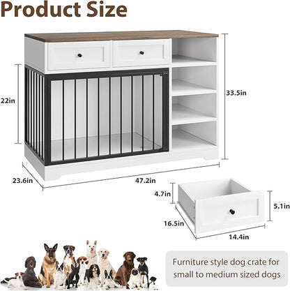 IDEALHOUSE 47” Large Dog Crate, Dog Kennel Indoor with 2 Drawers and 4 Shelves, Dog Crate Furniture TV Stand, Wooden Dog Cage for Medium Large Dogs, White