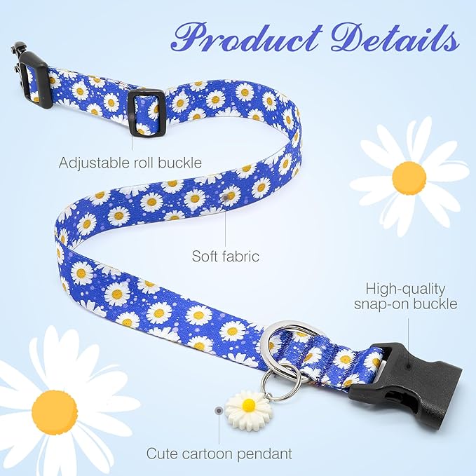 BiPawTi Floral Dog Collars for Medium Dog - Soft Cute Dog Collars for Girls Dog Pretty Flower Collar with Daisies Charms, Gift for Female Male Boys Girls Dogs (M, Blue)