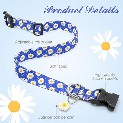 BiPawTi Floral Dog Collars for Medium Dog - Soft Cute Dog Collars for Girls Dog Pretty Flower Collar with Daisies Charms, Gift for Female Male Boys Girls Dogs (M, Blue)