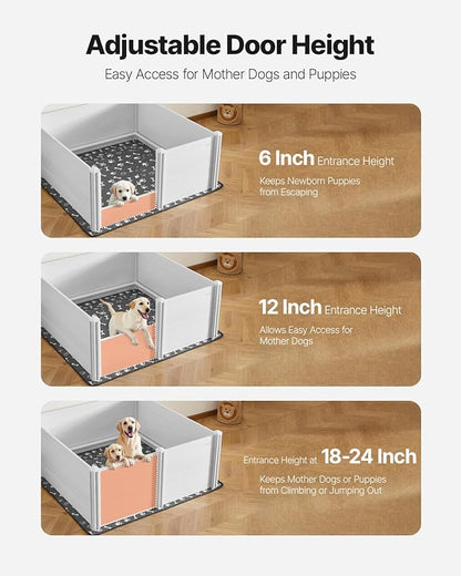VEVOR Dogs Whelping Box, 60 x 60 x 24 inch, Plastic PVC Puppies Playpen with Height Adjustable Door and Washable Pee Pad, Anti-Deformation Indoor Puppy Play Pen for Extra Large Breed Dogs, Milk White