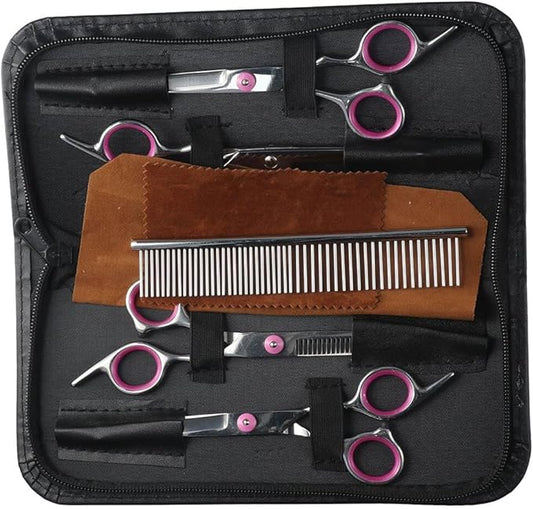 Dog Grooming Scissors, Stainless Steel 5 in 1 Dog Grooming Scissors, with Safety Round TipsProfessional Dog Grooming Kit(Pink)