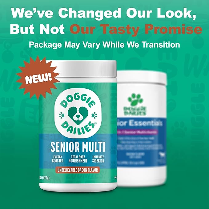 Doggie Dailies Senior Essentials Multivitamin for Dogs Soft Chews | Advanced Dog Multivitamin | Nutritional Support for Joints, Skin & Coat, Digestion, and the Immune System | Bacon Flavor | 120 Count