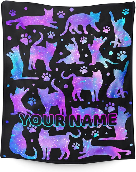 Personalized Cat Blanket Gift with Name for Girls Women Animal Lovers, Soft & Cozy Cat Throw Blanket for Kids Teens Adults, Custom 50x60 Inch Cute Fuzzy Throws for Sofa Couch Bed