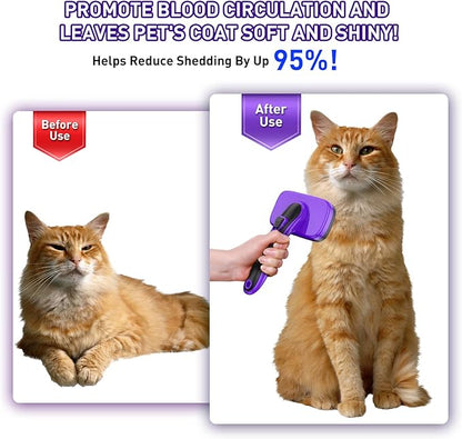 Dog Brush for Shedding, Self-Cleaning Slicker, 3 PCS Kit with Bath Brush & Flea Comb, Ideal for Short & Long Haired Pets, Removes Mats, Tangles, Fur, Gentle on Skin, for All Dogs. Purple