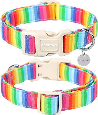 DOGWONG Cotton Rainbow Dog Collar - Durable Soft Natural Fabric, Cute LGBTQ Puppy Necklace for Small Medium Large Dogs