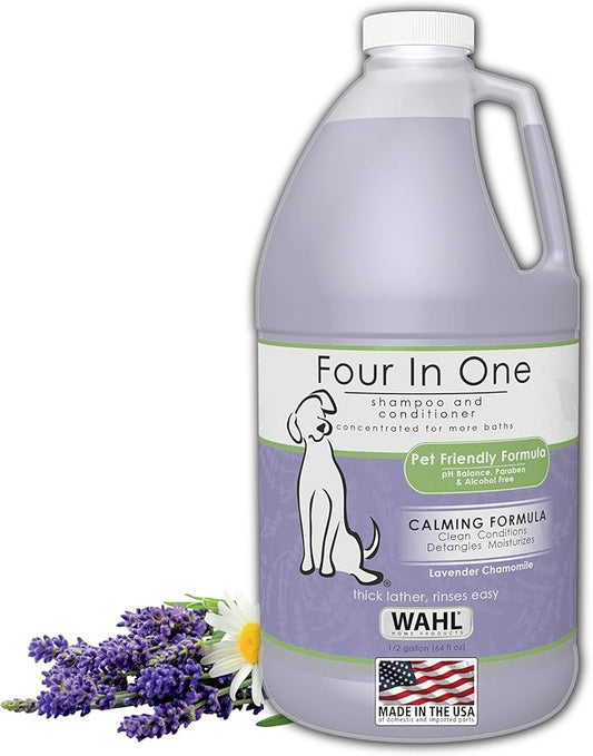 Wahl USA 4-in-1 Calming Pet Shampoo for Dogs  Cleans, Conditions, Detangles, & Moisturizes with Lavender Chamomile - Pet Friendly Formula  64 Oz - Model 821000-050