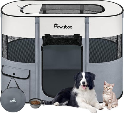 Dog Playpen, Portable Pet Playpen Cat PlayPen, 600D Oxford Dog Kennel Tent Crate, Waterproof&Breathable, Indoor Outdoor Travel Camping Use for Medium/Large Breed with Carrying Case+Folding Bowl,M,Gray