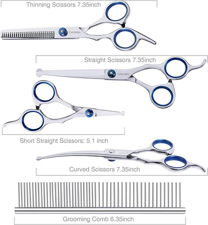 Dog Grooming Scissors Kit with Safety Round Tips,6 in 1 Professional Dog Scissors for Grooming, 4CR Stainless Steel Pet Grooming Shears for Dog, Cat, Blue