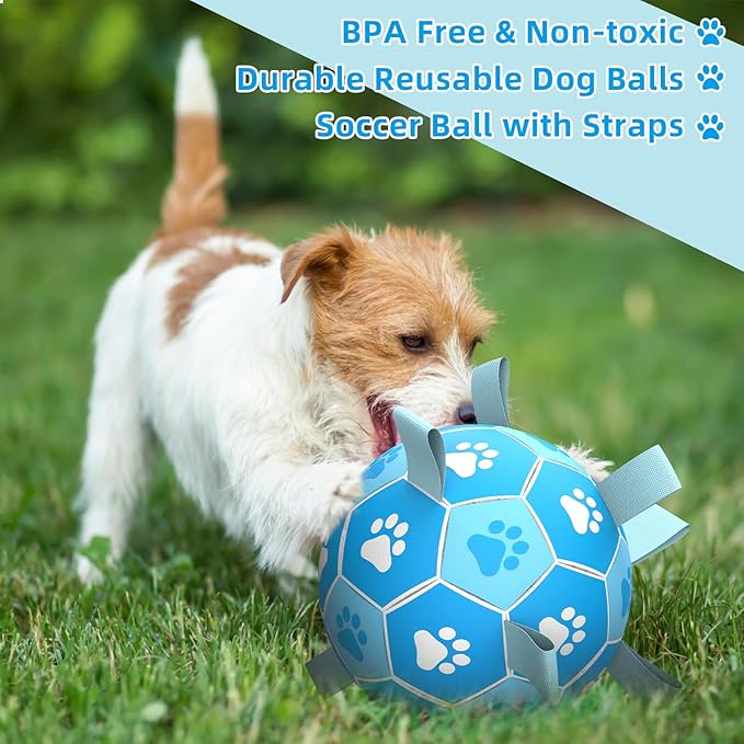 QDAN Dog Toys Balls Dog Soccer Ball with Straps, Dog Balls for Tug of War, Interactive Dog Toys, Dog Birthday Gifts, Durable Dog Water Toy for Small Medium Dogs（6 Inch）