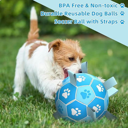 QDAN Dog Toys Balls Dog Soccer Ball with Straps, Dog Balls for Tug of War, Interactive Dog Toys, Dog Birthday Gifts, Durable Dog Water Toy for Small Medium Dogs（6 Inch）