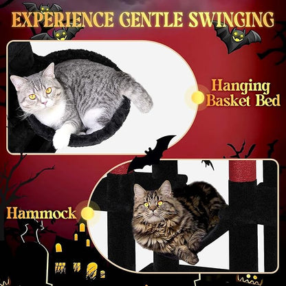 Globlazer Gothic Corner Cat Tree Tower with Scratching Post for Indoor Cats, 51inch Goth Cat Condo Tower with Large Hammock, Fan-Shaped Padded Perch, Spacious Cat Cave, Hanging Basket, C51, Red Black