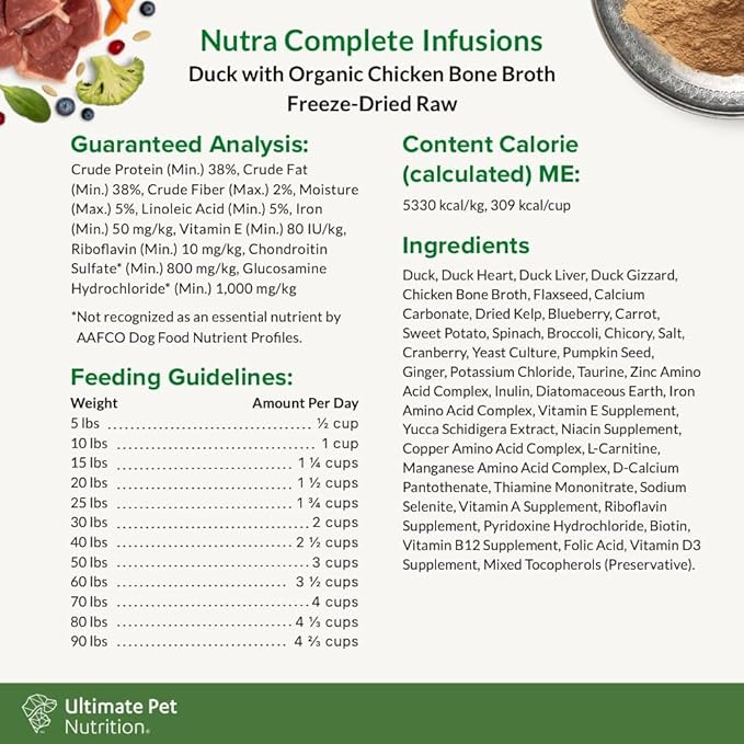 ULTIMATE PET NUTRITION Nutra Complete Bone Broth Infusions, 100% Freeze Dried Veterinarian Formulated Raw Dog Food with Antioxidants Prebiotics and Amino Acids (1 Pound, Bone Broth Duck)