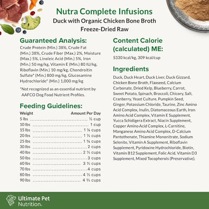 ULTIMATE PET NUTRITION Nutra Complete Bone Broth Infusions, 100% Freeze Dried Veterinarian Formulated Raw Dog Food with Antioxidants Prebiotics and Amino Acids (1 Pound, Bone Broth Duck)