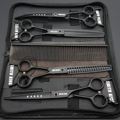 7.0 inches Professional Dog Grooming Scissors Set Straight & thinning & Curved & chunkers & comb 5pcs in 1 Set for left-handed & right handed Black