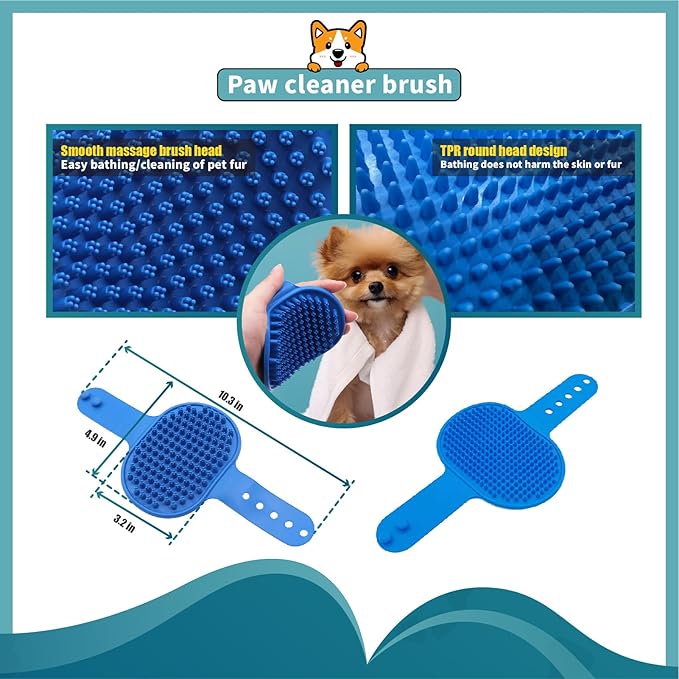 Dog Paw Washer with Handle, Absorbent Towels & Adjustable Bath Brush for Short and Long Hair, Muddy Foot Cleaner (Blue, Medium)