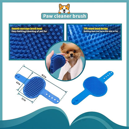 Dog Paw Washer with Handle, Absorbent Towels & Adjustable Bath Brush for Short and Long Hair, Muddy Foot Cleaner (Blue, Medium)