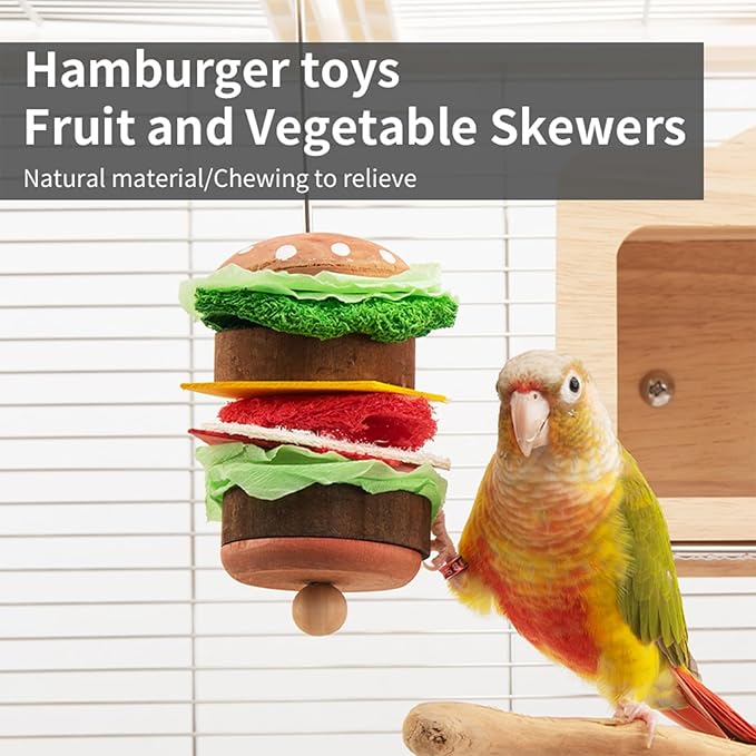 Bird Toys & Bird Perch, Bird Wooden Block Chewing Toy Parrot Foraging & Puzzle Toys Bird Cage Accessories for Conures Parakeets Cockatiels Lovebirds African Grey Macaws (Burger FruitFork)