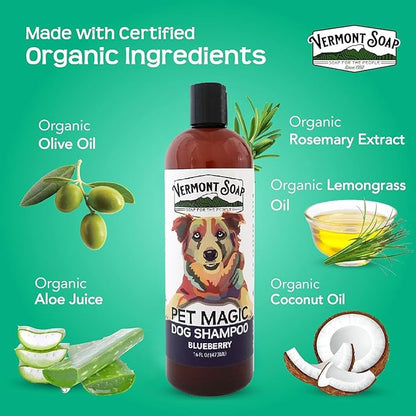 VERMONT SOAP Organics Pet Shampoo - Infused with Organic & Natural Olive Oil, Coconut & Aloe Vera Dog Shampoo for Sensitive Skin - USDA Certified Grooming Pet Shampoo (16oz)