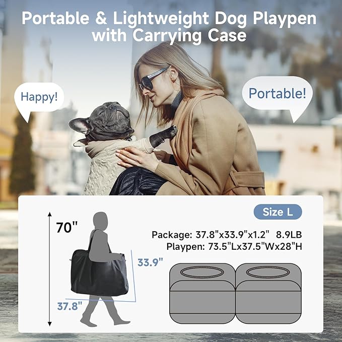 2-in-1 Dog Playpen, 73''Pop Up Cat Puppy Pet Playpen Indoor/Outdoor Cats Enclosed, Cat Dog Tent Crate Cage Kennel, Portable Playpen for Kitten, Small Animals Play Pen(No Divider, Unified Space)