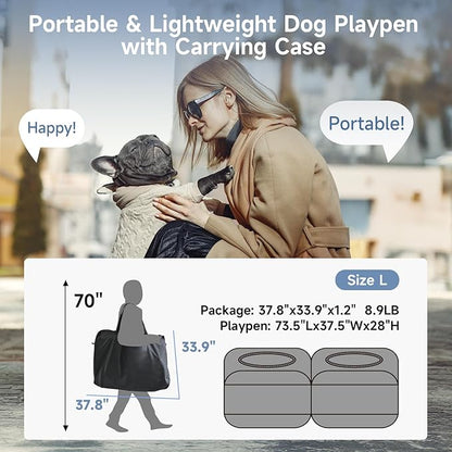 2-in-1 Dog Playpen, 73''Pop Up Cat Puppy Pet Playpen Indoor/Outdoor Cats Enclosed, Cat Dog Tent Crate Cage Kennel, Portable Playpen for Kitten, Small Animals Play Pen(No Divider, Unified Space)