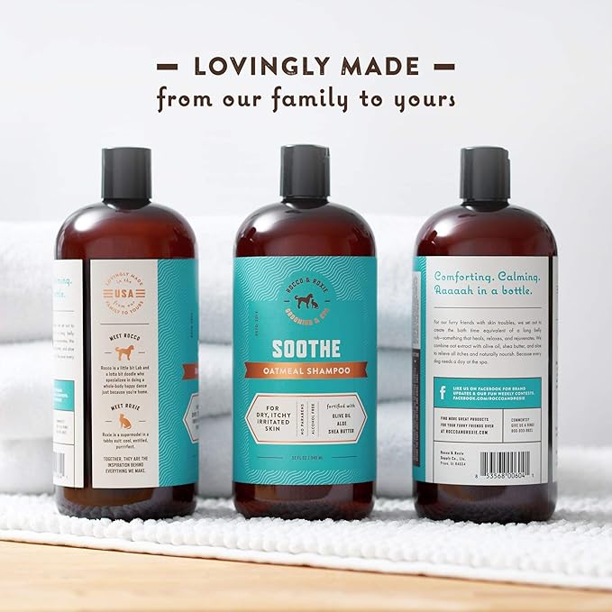 Rocco & Roxie Supply Co. Dog Shampoo and Conditioner - Soothe Oatmeal Shampoo for Itch Relief, Calm Hypoallergenic Shampoo for Sensitive Skin, and Shine Argan Oil Pet Wash - Puppy Bathing Supplies