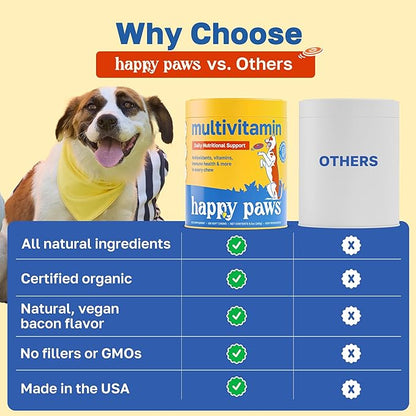 Happy Paws 10-in-1 Multivitamin Supplement for Dogs, Daily Nutritional Support for All Breeds & Ages, Made with Coconut Oil, Vitamin D3 and Biotin, Vegan Lamb Flavor, Organic, Non GMO, 200 Soft Chews