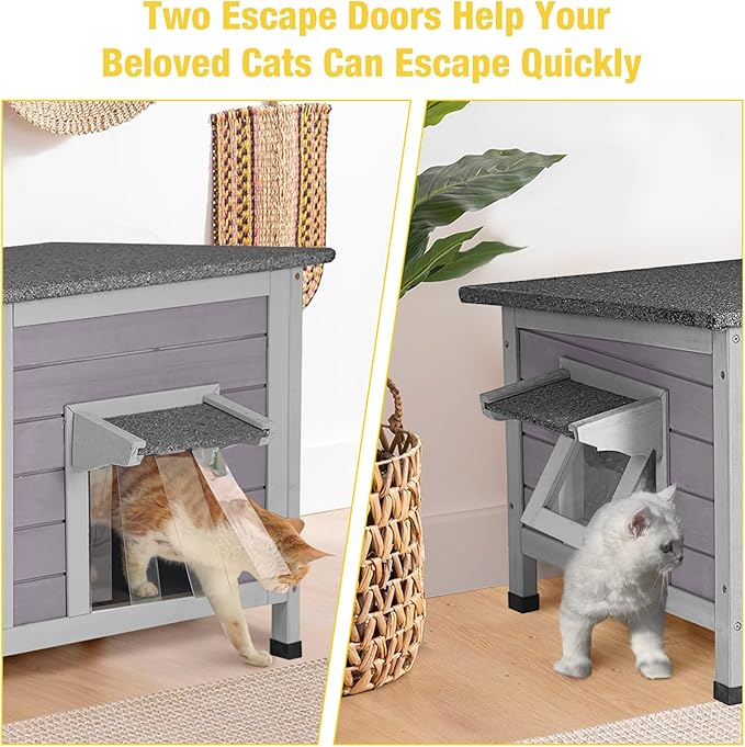 Aivituvin Outdoor Cat Houseï¼_ouble Rooms Waterproof Outside Feral Cat Shelter for Winter 100% Wood