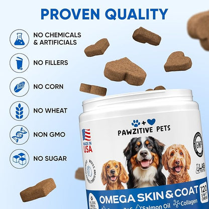 Omega 3 Fish Oil for Dogs Chews - Dog Skin & Coat Supplement for Itch Relief, Hot Spot Treatment - USA Product - Salmon Oil for Dogs Itching Skin Relief, Shedding, Hip & Joint Health - 120 Soft Treats