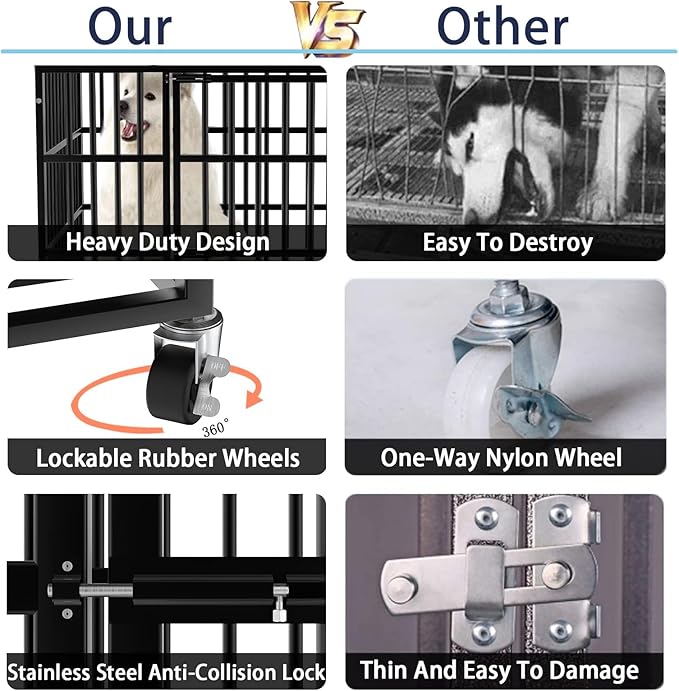 LEMBERI 42 inch Heavy Duty Indestructible Dog Crate, Escape Proof Dog Cage Kennel with Lockable Wheels,High Anxiety Double Door Dog Crate,Extra Large Crate Indoor for Large Dog with Removable Tray