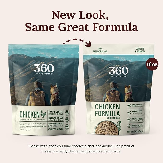360 Pet Nutrition Raw Freeze-Dried Dog Food, High Protein, Balanced Meal, Chicken, Liver, Heart, Fruit, Veggies, Superfoods, No Fillers, 16 oz Food/Bites/Kibble (Chicken)