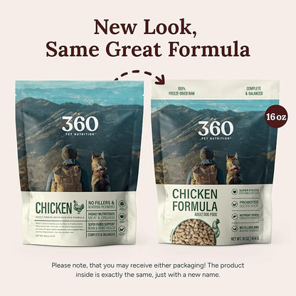 360 Pet Nutrition Raw Freeze-Dried Dog Food, High Protein, Balanced Meal, Chicken, Liver, Heart, Fruit, Veggies, Superfoods, No Fillers, 16 oz Food/Bites/Kibble (Chicken)