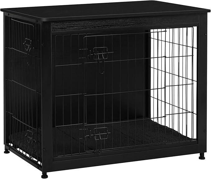 DWANTON Dog Crate Furniture with Cushion, Wooden Kennel Table with Double Doors, Indoor Dog House, Medium Size, 32.5" L, Black