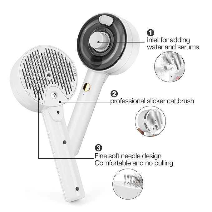 3 IN 1 Pet Shedding Brush, Steam Brush for Cats,Efficient Hair Removal and Cleaning for Dogs&Cats, Pet Grooming Removal Comb (White)