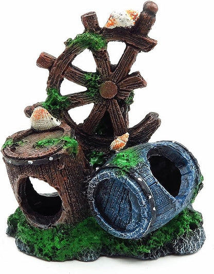Mipukbay Fish Tank Decoration, Broken Ship Wheel & Cask Aquarium Decor Hiding Cave Ornament Landscaping Rock Resin Decoration