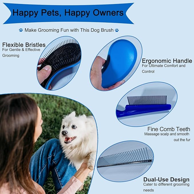 3 PCS Puppy Brush Grooming Kit, Stainless Steel Flea Comb, Fit for Yorkie, Shih Tzu, Maltipoo, Soft Bristle (Blue)