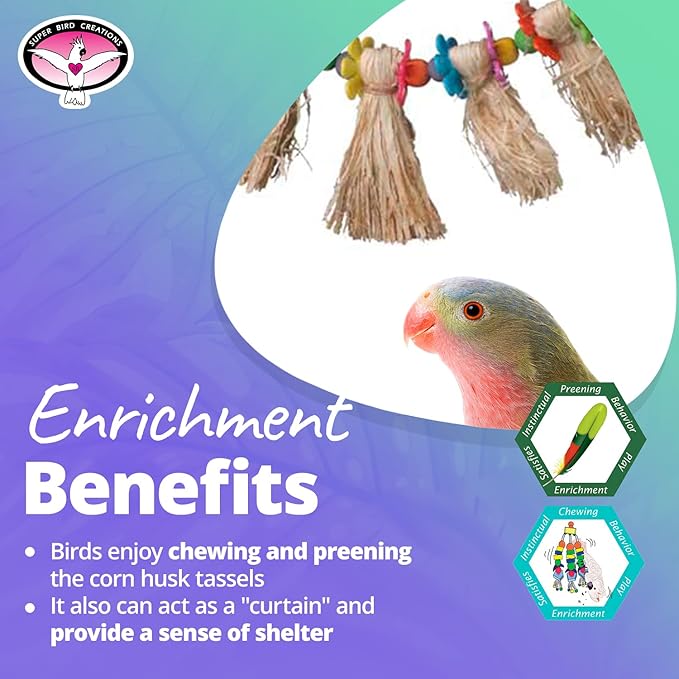 Super Bird Creations SB1094 Hula Skirt Bird Toy - Engaging Natural Bird Play - Ideal for Cockatiels Parakeets Parrots - Durable Enrichment Toy for Birds - Bird Size Small/Medium - 14" x 3" x 1.5"