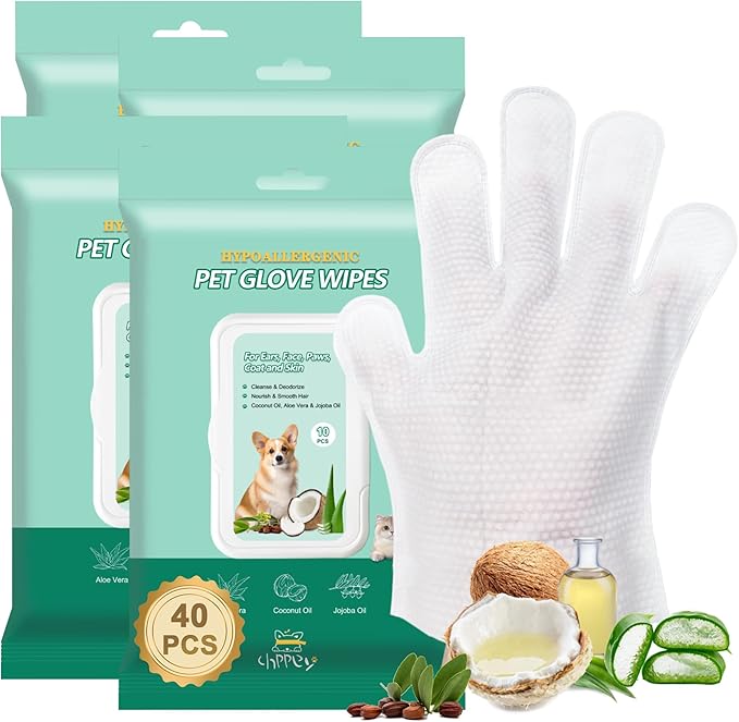 40 PCS Pet Cleaning and Deodorizing Bathing Grooming Glove Wipes for Dogs and Cats, Extra Thick Nourish Fur No-Rinse Grooming Wipes for Daily Care and Travel, Hypoallergenic