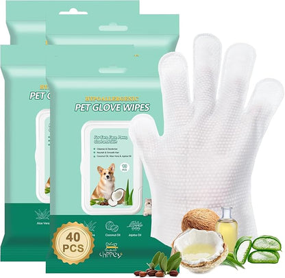 40 PCS Pet Cleaning and Deodorizing Bathing Grooming Glove Wipes for Dogs and Cats, Extra Thick Nourish Fur No-Rinse Grooming Wipes for Daily Care and Travel, Hypoallergenic