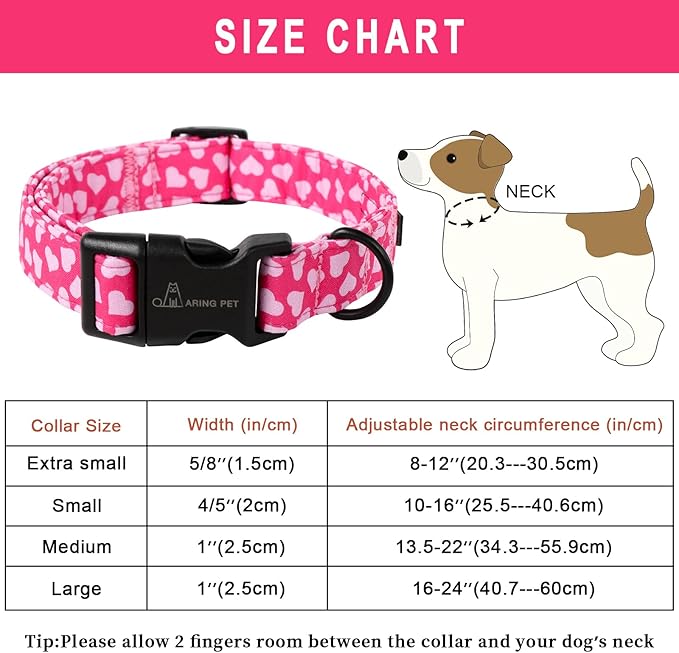 ARING PET Valentine's Day Dog Collar-Cotton Pink Heart Dog Collars, Adjustable Valentine Heart Pet Collars Puppy Collar with Quick Release Buckle for Girl&Boy Dogs