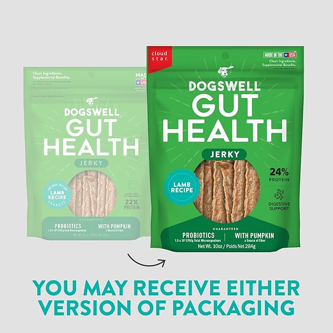 DOGSWELL Gut Health Meaty Jerky Dog Treats, Lamb, 10 oz. Pouch