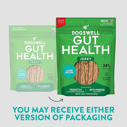 DOGSWELL Gut Health Meaty Jerky Dog Treats, Lamb, 10 oz. Pouch