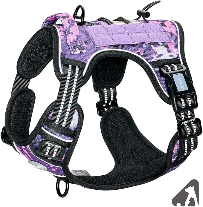 AUROTH Tactical Dog Harness for Small Medium Large Dogs No Pull Adjustable Pet Harness Reflective K9 Working Training Easy Control Pet Vest Military Service Dog Harnesses (M, Purple Camo)