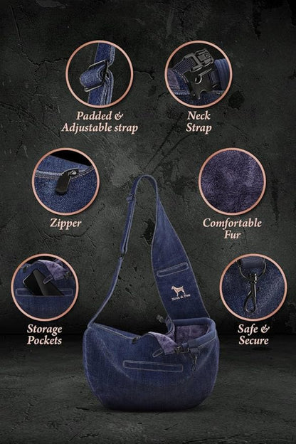Noah & Paw Dog Sling Carrier for Small Dogs 5-18lb, Dog Sling for Small Dogs and Cats, Dog Carrier with Adjustable Padded Strap, Vegan Denim Lined with Fur, 3X Safety Features, Machine Washable