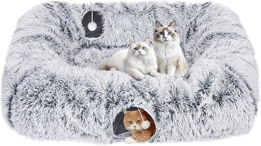 Extra Large Cat Tunnel Bed, 4 Ways Tunnels for Indoor Cats, Multi-cat Family Peekaboo Cave & Cat Bed, Plush Cat Donut with Washable Middle Mat, Exit Balls, Pet Play Toy for Kitten Puppy Rabbit