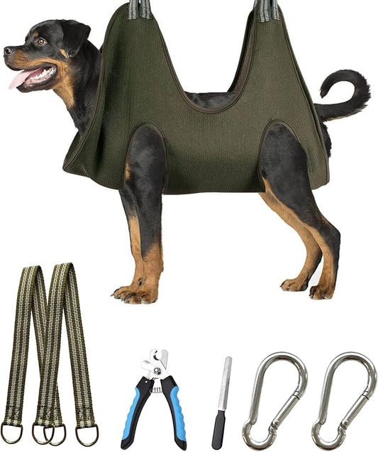 10 in 1 Pet Grooming Hammock Harness with Nail Clippers/Trimmer, Nail File, Comb,Dog Nail Hammock, Dog Grooming Sling for Nail Trimming/Clipping (XXL/Under 120lb, Khaki Green)