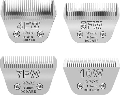 4 Pack Detachable Pet Dog Grooming Blades-Size 10W+7FW+5FW+4FW Dog Grooming Wide Blade,Cutting Length 1/16 in -3/8 inï¼1.5mm-9.5mmï¼,Compatible with Most Andis,Oster A5,Wahl km10 Clippers