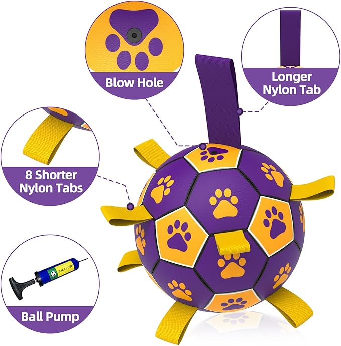 QDAN Dog Ropes Toys Soccer Ball with Straps, Interactive Dog Toys for Tug of War, Puppy Birthday Gifts, Dog Tug Toy, Dog Water Toy, Durable Dog Balls for Medium & Large Dogs（8 Inch）